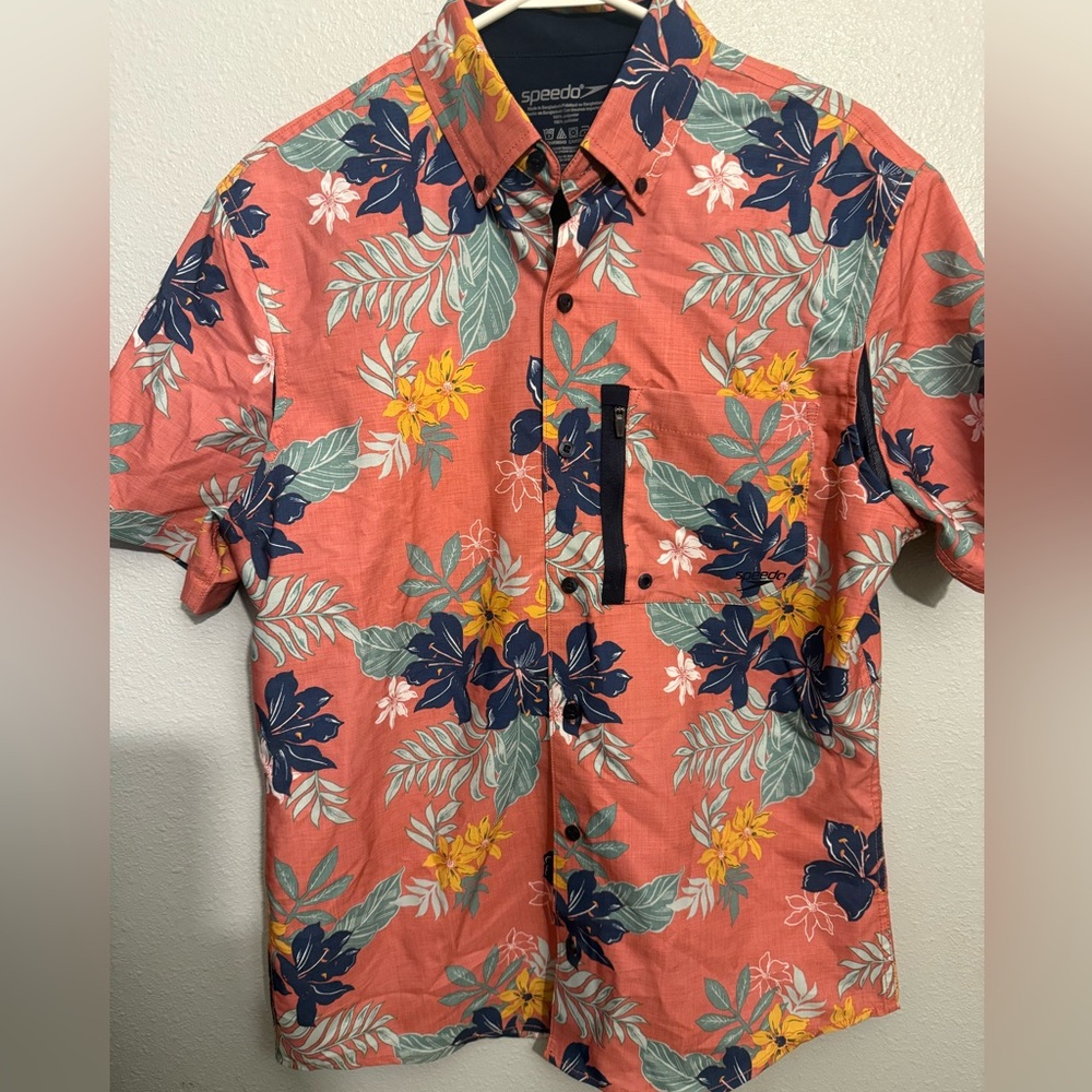 Speedo Paddle Shirt Mens  M Pink Button Up Floral Beach Outdoor